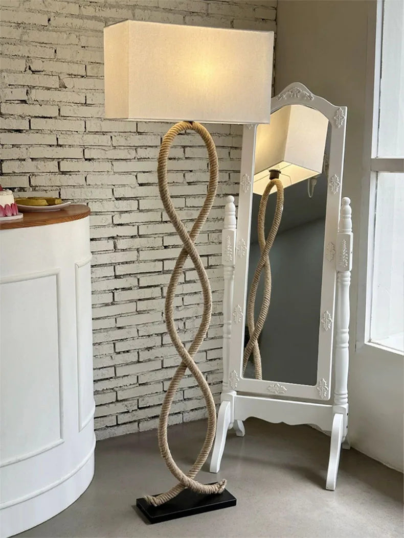 Floor lamp with rope design in a room setting
