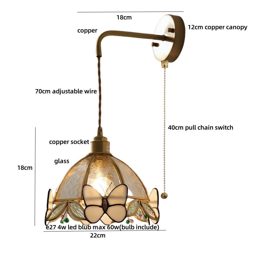 Butterfly-themed pendant light with measurements on a white background
