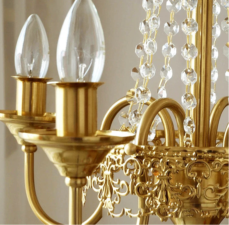 Gold chandelier with crystal elements on a neutral background