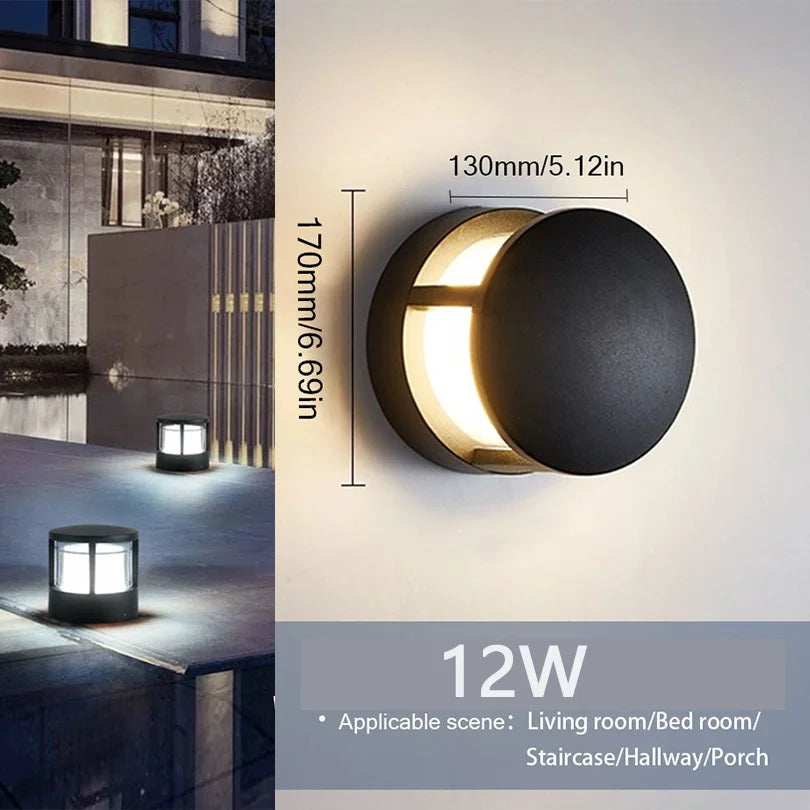 Modern outdoor wall light fixture with dimensions and installation scene on a building exterior.