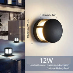 Modern outdoor wall light fixture with dimensions and installation scene on a building exterior.