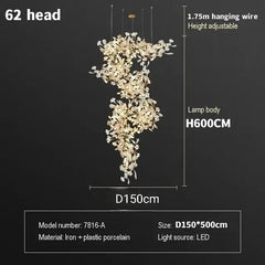 Chandelier with dimensions and specifications on a black background