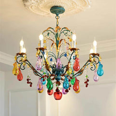Teal & Gold Metal Chandelier Colorful Crystal Fruit & Leaf Accents