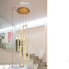 Modern chandelier hanging in a staircase with measurements indicated.