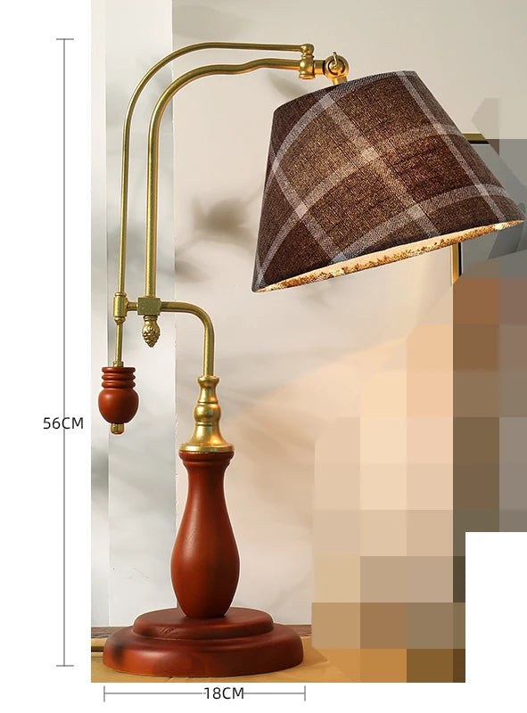 Table lamp with brown checkered shade and wooden base, dimensions shown.