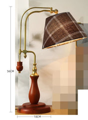 Table lamp with brown checkered shade and wooden base, dimensions shown.