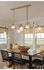 Gold Floral Branch Pendant Light Frosted Bell Shades & Leaf Accents