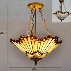 Fan Shaped Tiffany Glass Pendant Light with Amber Beads Accent