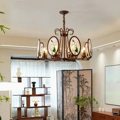 Bronze Chandelier with Frosted Glass and Green Leaf Floral Accents