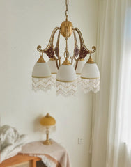 Polished Brass Floral Ceramic Hanging Chandelier
