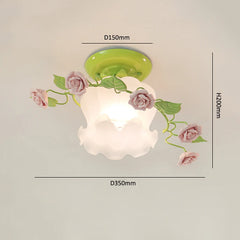 Green Floral Rose Ceramic Semi-Flush Ceiling Light
