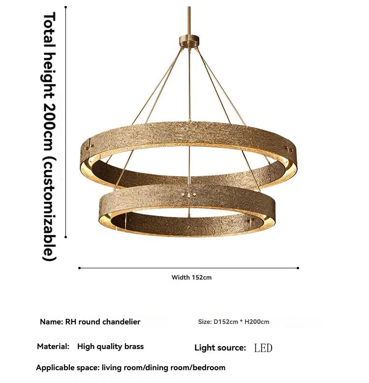 Chandelier with dimensions and material details on a white background.