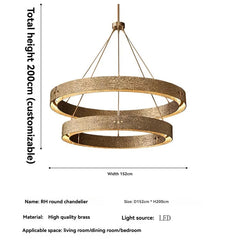 Chandelier with dimensions and material details on a white background.