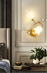 Modern bedroom interior with wall-mounted lamp and decor