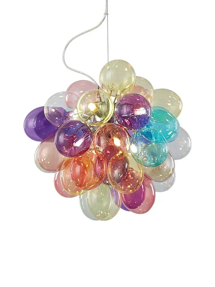 Colorful glass bubble chandelier on a white background