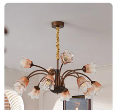 Bronze Floral Chandelier Pendant Light with Frosted Glass Bell Shades
