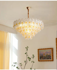 Gold Finish Chandelier with Frosted Glass Shades and Rose Bud Accents