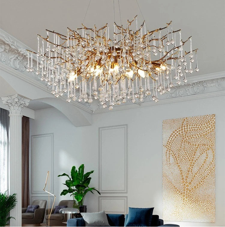 Luxurious chandelier in a living room with modern decor