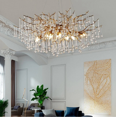 Luxurious chandelier in a living room with modern decor