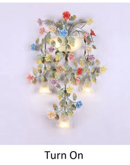 Gold Metal Sconce with Ceramic Rose Buds & Frosted Bell Shades