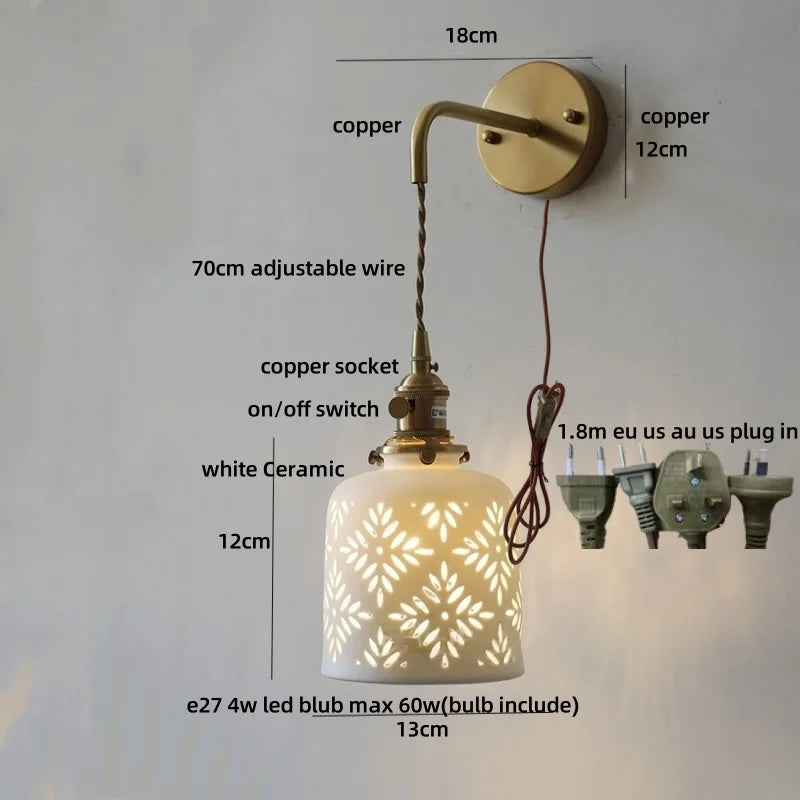 Wall-mounted lamp with labeled parts and dimensions on a white background