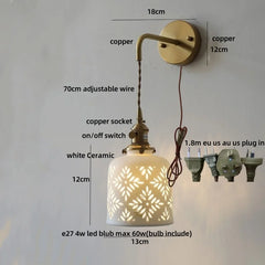 Wall-mounted lamp with labeled parts and dimensions on a white background