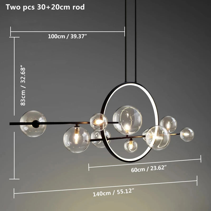 Chandelier with dimensions labeled on a dark background