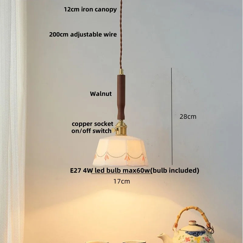 Pendant light with measurements and features labeled on a neutral background