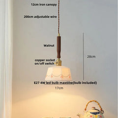 Pendant light with measurements and features labeled on a neutral background