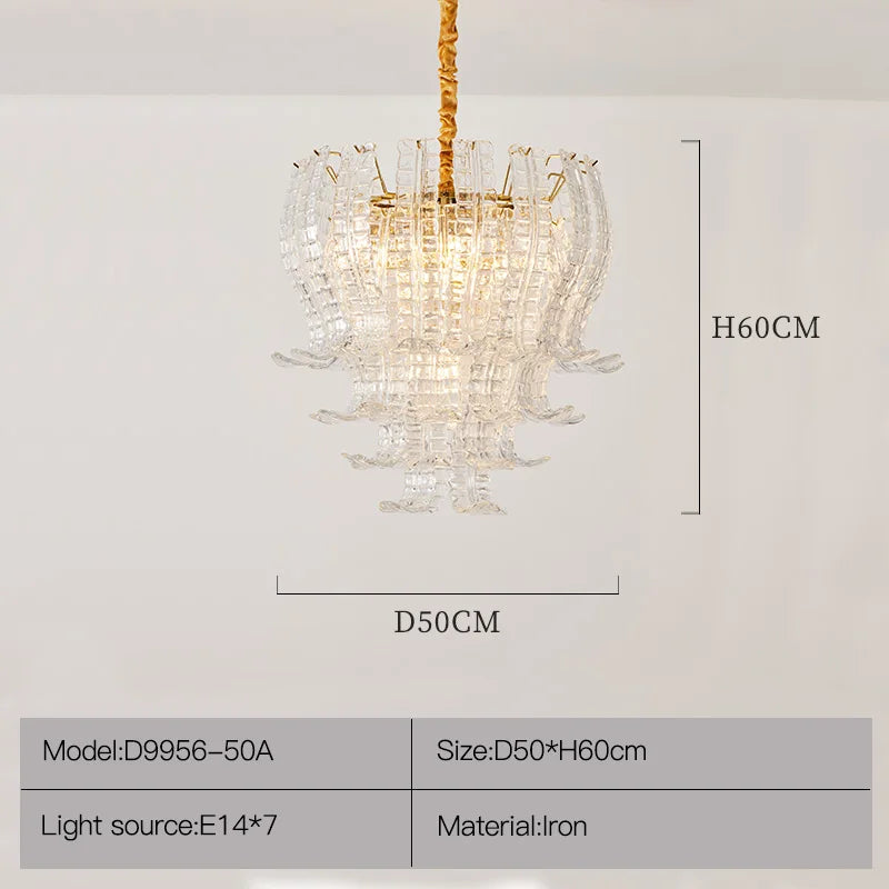 Chandelier with dimensions and specifications on a light gray background