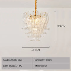 Chandelier with dimensions and specifications on a light gray background