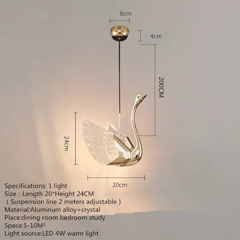 Gold swan-shaped pendant light with dimensions and specifications on a gray background