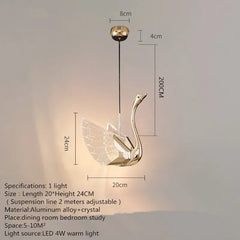 Gold swan-shaped pendant light with dimensions and specifications on a gray background