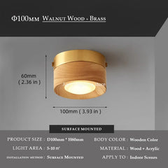 Walnut Wood Brass Flush Mount Ceiling Light Fixture