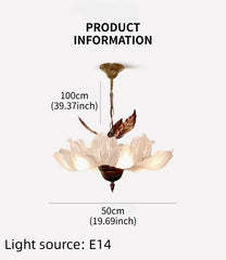 Chandelier with dimensions and light source information on a white background