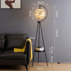 Floor lamp with dimensions labeled in a living room setting