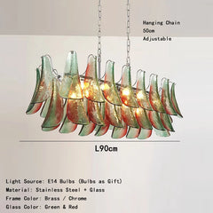 Chandelier with green and red glass shades on a white background