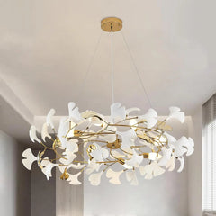 Gold Metal Ginkgo Leaf Pendant Chandelier with White Ceramic Flowers