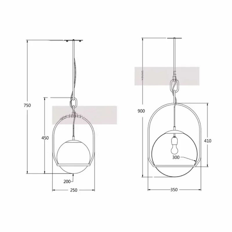 Technical drawing of a hanging light fixture with dimensions