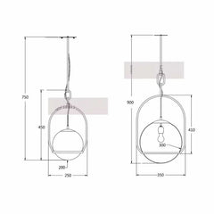 Technical drawing of a hanging light fixture with dimensions
