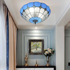 Blue Stained Glass Scalloped Semi-Flush Ceiling Light