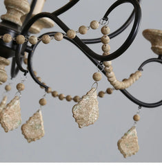 Black Metal Chandelier with Wood Beads and Crystal Droplets