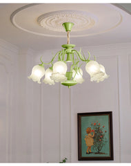 Green Floral Tulip Semi-Flush Ceiling Light with Frosted Glass Shades