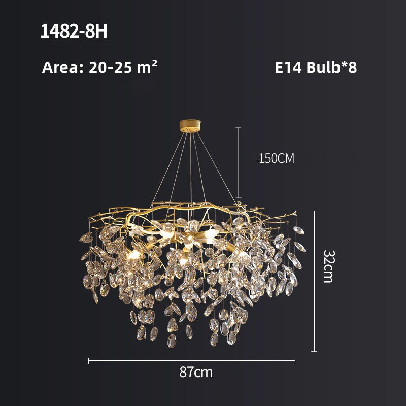 Chandelier with dimensions and bulb information on a dark background