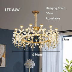 Chandelier with dimensions and specifications on a neutral background