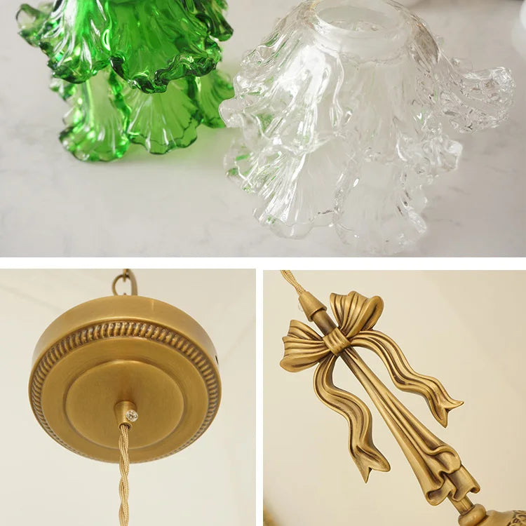 Collage of green and clear glass ornaments, gold ceiling rose, and decorative gold bow.