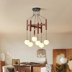 Modern Multi-Arm Wood and Glass Chandelier