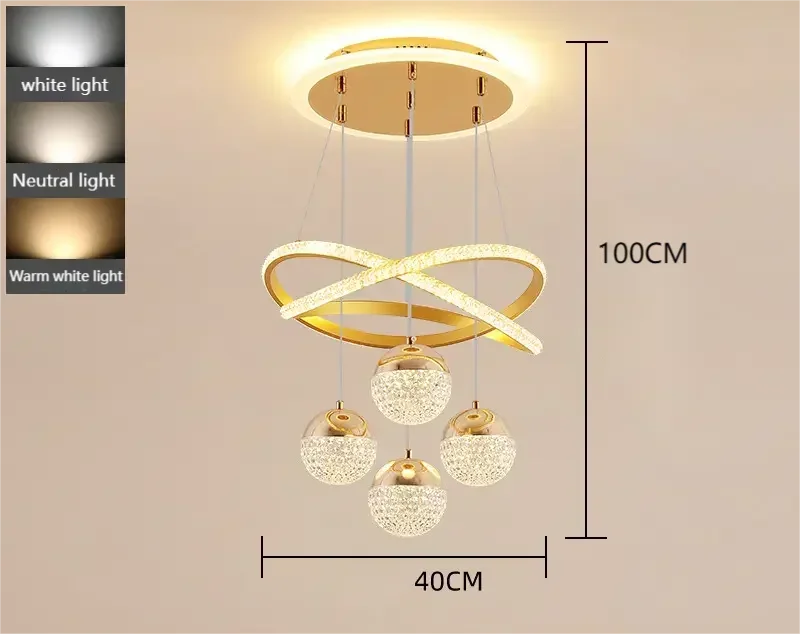 Modern chandelier with three spherical lights and gold accents, shown with light color options and dimensions on a beige background.