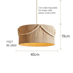 Jute Drum Pendant Light with Natural Wood Beads Accent