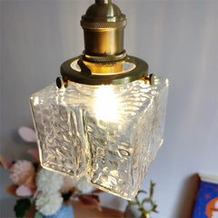 Brass Square Pendant Light with Textured Amber Glass Shade